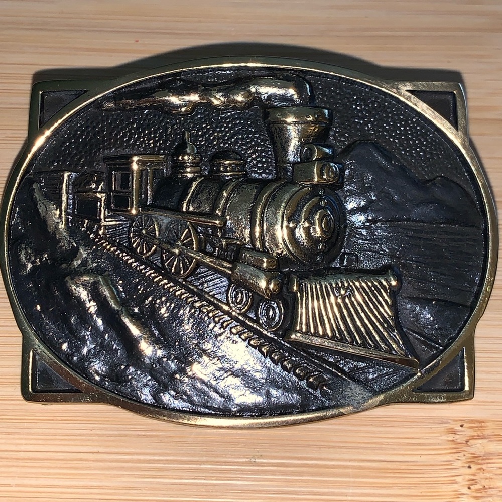 Vintage BTS Solid Brass Steam Engine Train Belt Buckle Made in USA